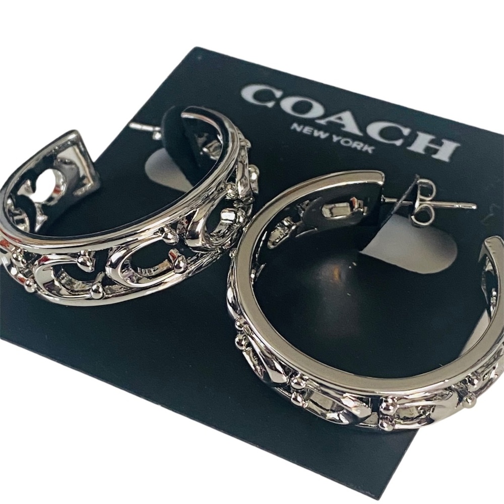 NEW Coach Silver Signature Hoop Earrings on Card with Dust Bag $168